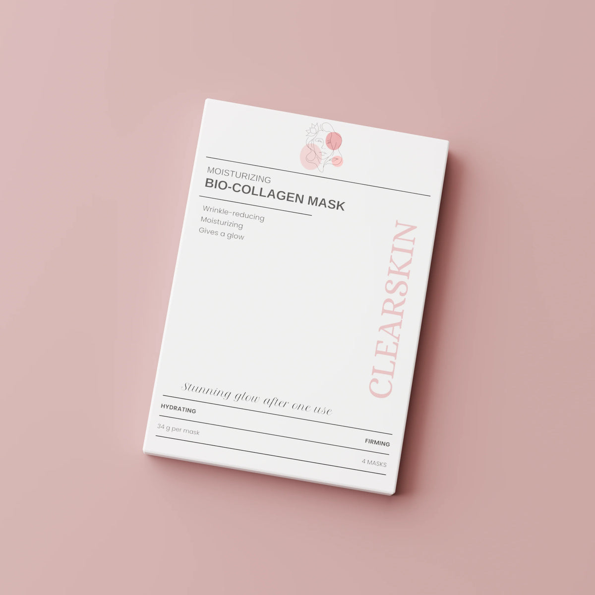 Clearskins kollagenmask mot rosa bakgrund